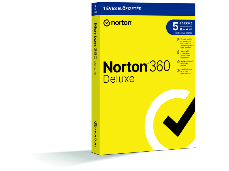 Norton 360 Deluxe 50GB HUN, 1 Felhasználó, 5 gép, 1 éves, dobozos vírusirtó szoftver
