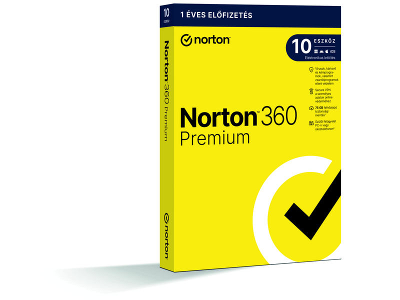 Norton 360 Premium 75GB HUN, 1 Felhasználó, 10 gép, 1 éves, dobozos vírusirtó szoftver