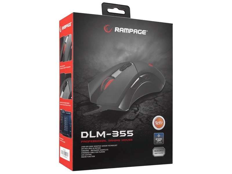 Rampage Egér Gamer - DLM-355 (2400DPI, 8 gomb, makro, RGB LED, 150cm harisnyázott kábel, fekete)