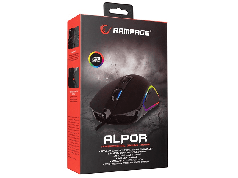 Rampage Egér Gamer - SMX-G65 ALPOR (7200DPI, 7 gomb, makro, RGB LED, 1,8m harisnyázott kábel, fekete)