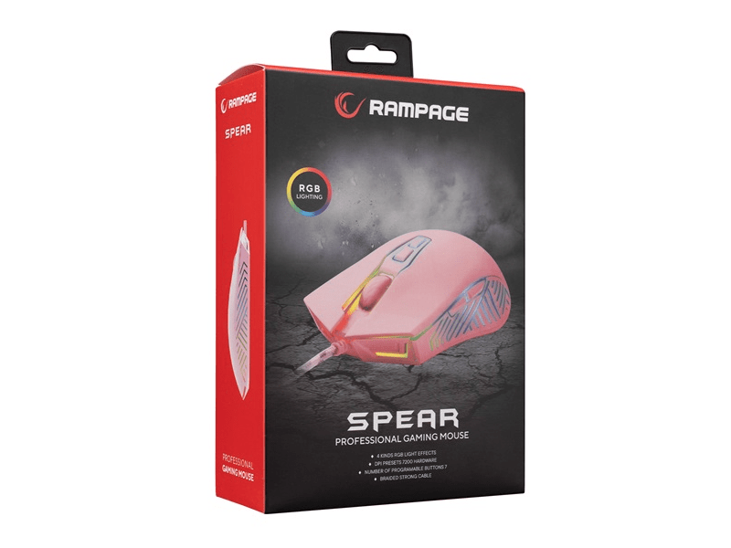 Rampage Egér Gamer - SMX-G68 SPEAR (7200DPI, 7 gomb, makro, RGB LED, 1,5m harisnyázott kábel, pink)