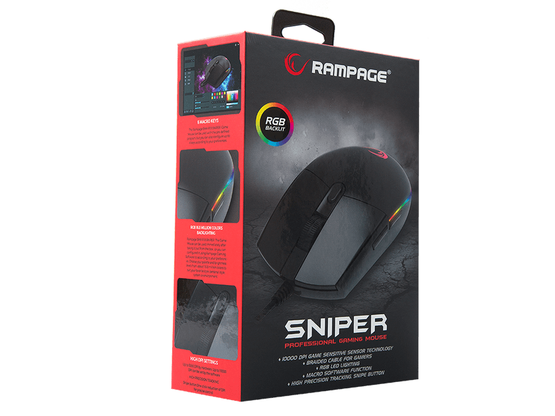 Rampage Egér Gamer - SMX-R18 SNIPER (10000DPI, PMW3325; 6 gomb, makro, RGB LED, fekete)