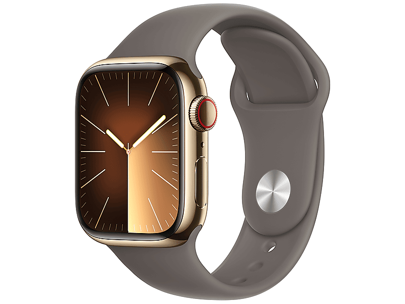 Apple Watch Series 9 GPS + Cellular, 41mm, arany rozsdamentes acéltok, agyag sportszíj, S/M (MRJ53QH/A)