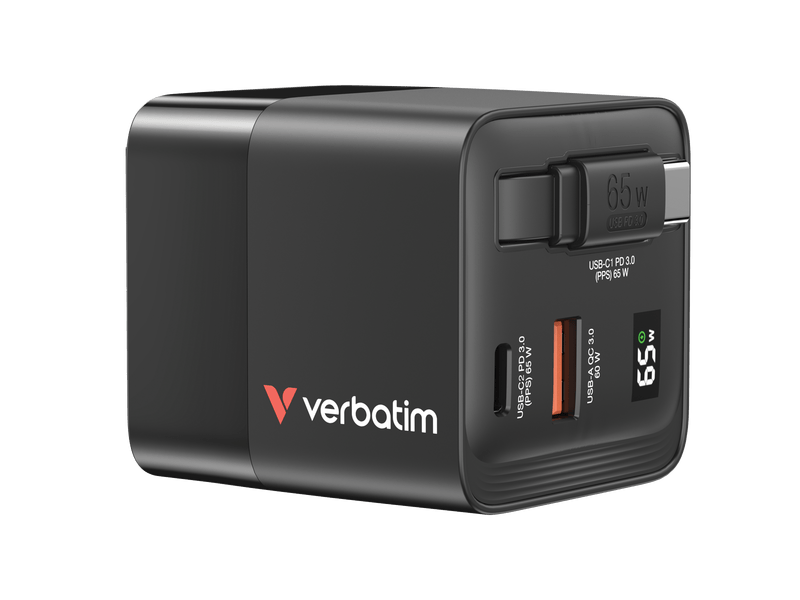 Verbatim GaN 65W AC punjač s uvlačivim kabelom (32217)