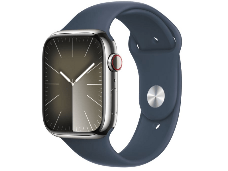 Apple Watch Series 9 GPS + Cellular, 45mm, ezüst rozsdamentes acéltok, viharkék sportszíj, S/M (MRMN3QH/A)