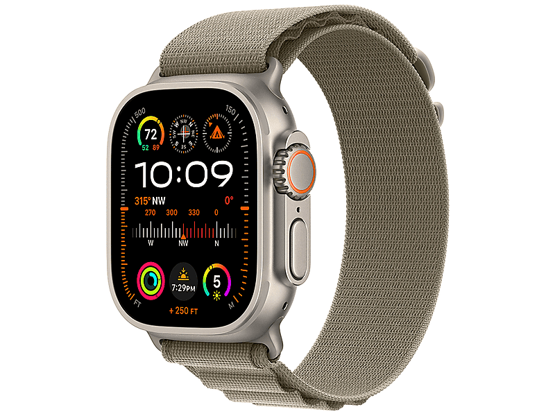 Apple Watch Ultra 2 GPS + Cellular, 49 mm titántok, olíva alpesi pánt, S (MREX3CM/A)