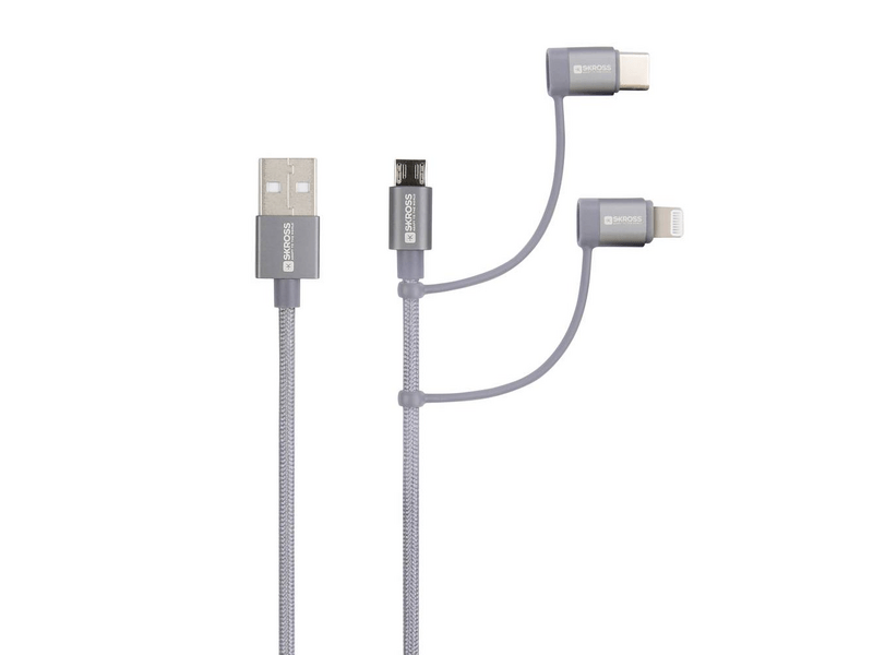 Skross Steel Line 3in1 (Micro/Type-C/Lightning) USB kábel, 1,2 m