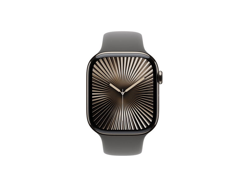 Apple Watch Series 10 GPS + Cellular, 46 mm natúr titántok, kőszürke sportszíj, S/M (MWY93QH/A)