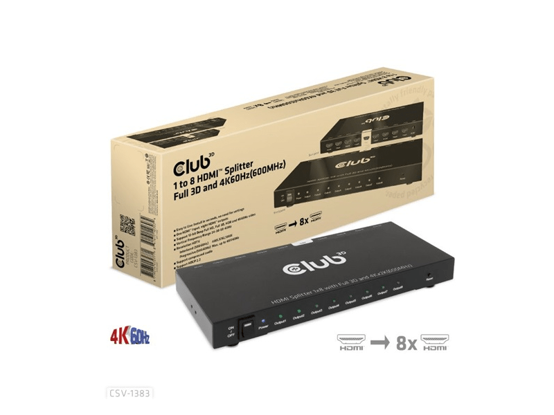 Club 3D CSV-1383 HDMI 2.0 UHD 8 portos Elosztó