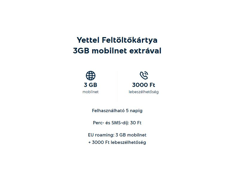 Yettel Feltöltőkártya Expressz 3GB-os csomag