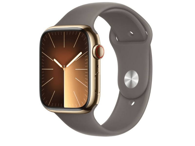 Apple Watch Series 9 GPS + Cellular, 45mm, arany rozsdamentes acéltok, agyag sportszíj, M/L (MRMT3QH/A)