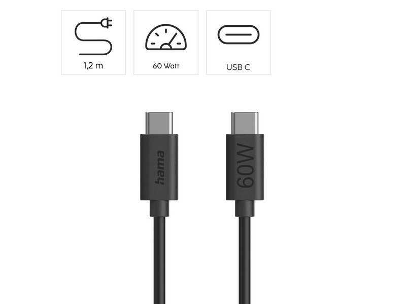 Hama USB Type-C 60W Adatkábel, 1.2 m (86446)