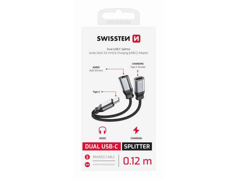 Swissten USB-C - USB-C/AUX Audio és töltőadapter (73502301)