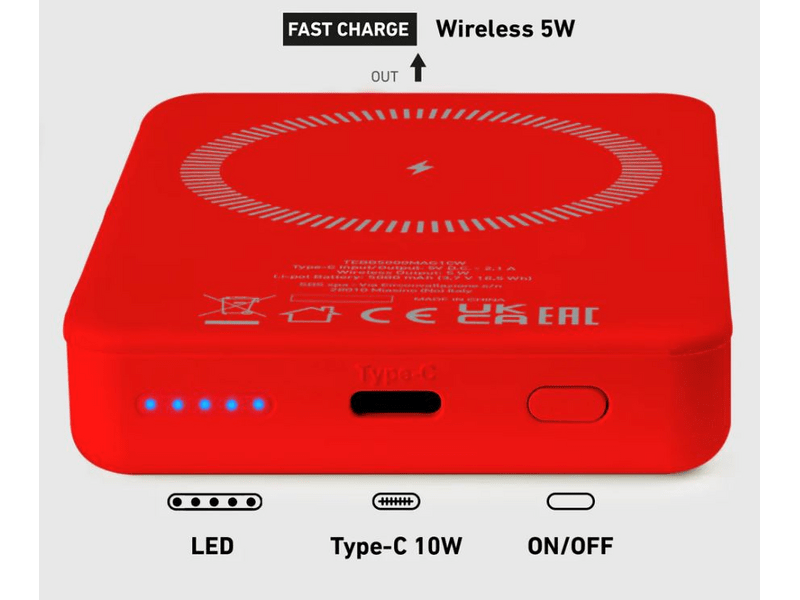 SBS 5000mAh bežična magnetska powerbank baterija, crvena (TEBB5000MAG1CR)