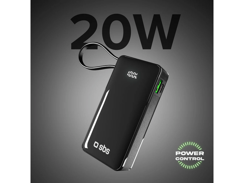 SBS 10.000 mAh Powerbank s kabelom, crni (TTBB10000LCDTCPD20K)