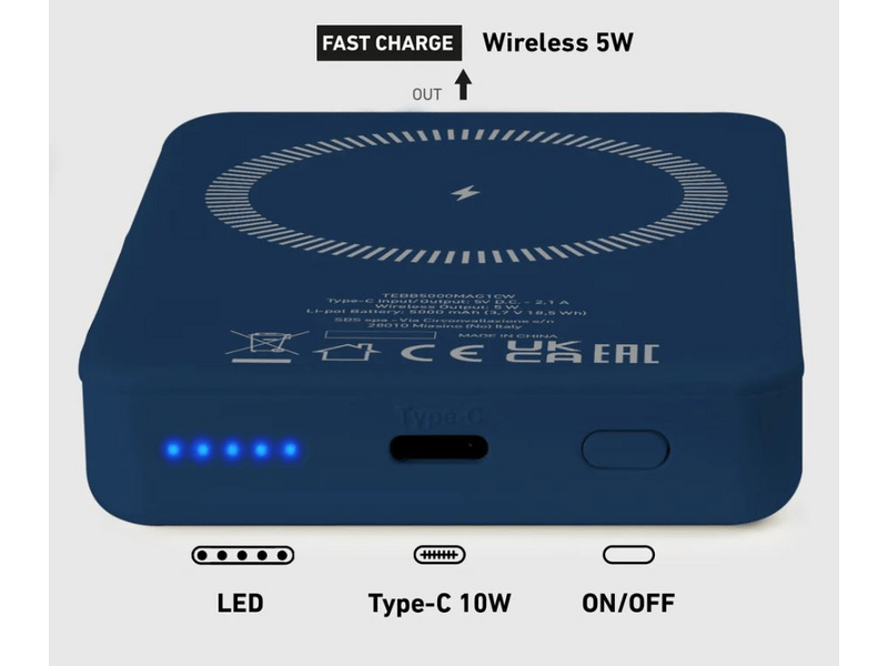 SBS 5000mAh Vezeték nélküli mágneses powerbank, kék (TEBB5000MAG1CB)