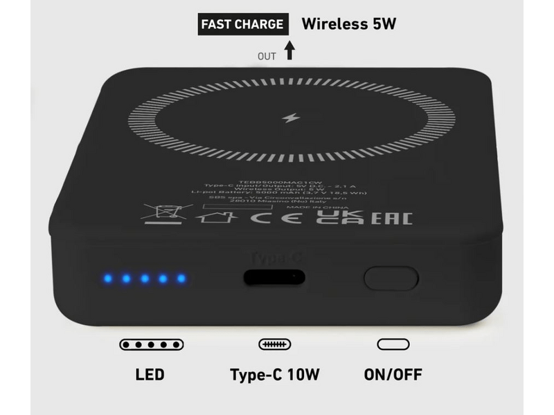 SBS 5000mAh Vezeték nélküli mágneses powerbank, fekete (TEBB5000MAG1CK)