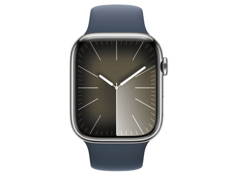 Apple Watch Series 9 GPS + Cellular, 45mm, ezüst rozsdamentes acéltok, viharkék sportszíj, M/L (MRMP3QH/A)