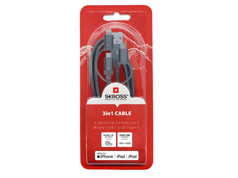 Skross Steel Line 3in1 (Micro/Type-C/Lightning) USB kábel, 1 m