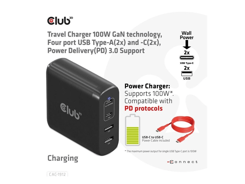 Club 3D CAC-1912EU USB-C 100W Hálózati töltő