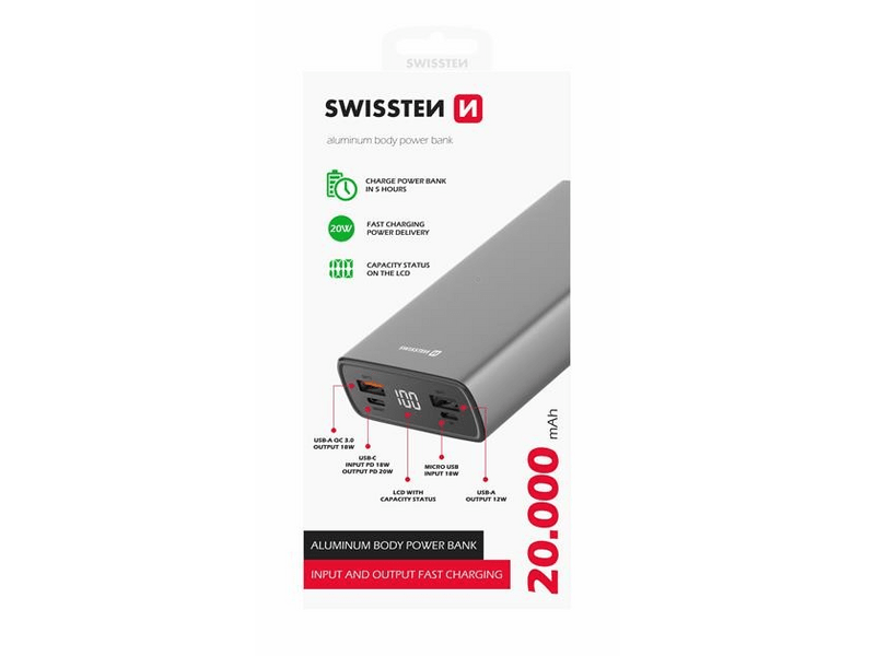 Swissten Aluminium power bank, 20000 mAh, 20W, PD (22013916)
