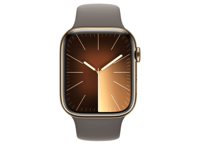 Apple Watch Series 9 GPS + Cellular, 45mm, arany rozsdamentes acéltok, agyag sportszíj, M/L (MRMT3QH/A)