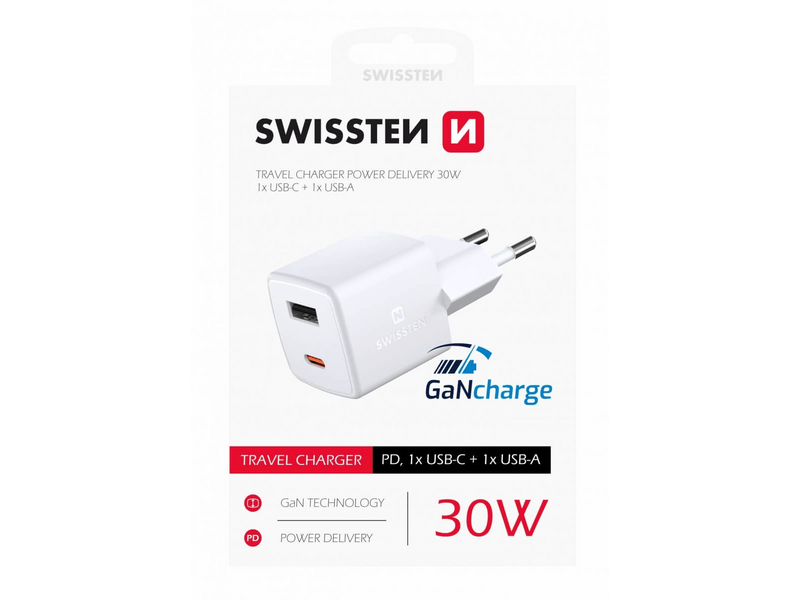 Swissten GaN mini hálózati töltőadapter, PD, 30W (22056100)