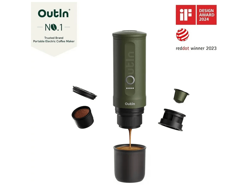 Outin Nano Akkus presszókávéfőző utazó szett, erdőzöld