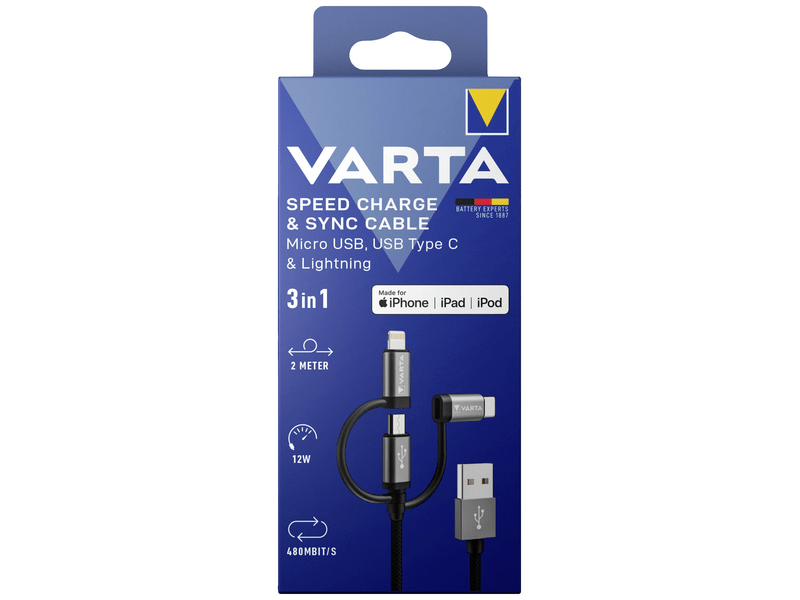 Varta 3in1 USB-A - Lightning/MicroUSB/USB-C kábel, 2 m