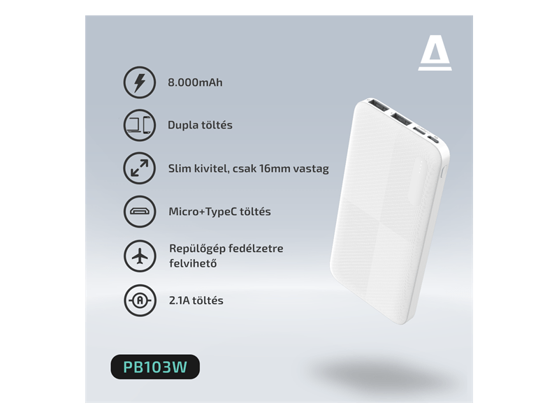 Avax PB103W Lighty 8000mAh Powerbank, fehér