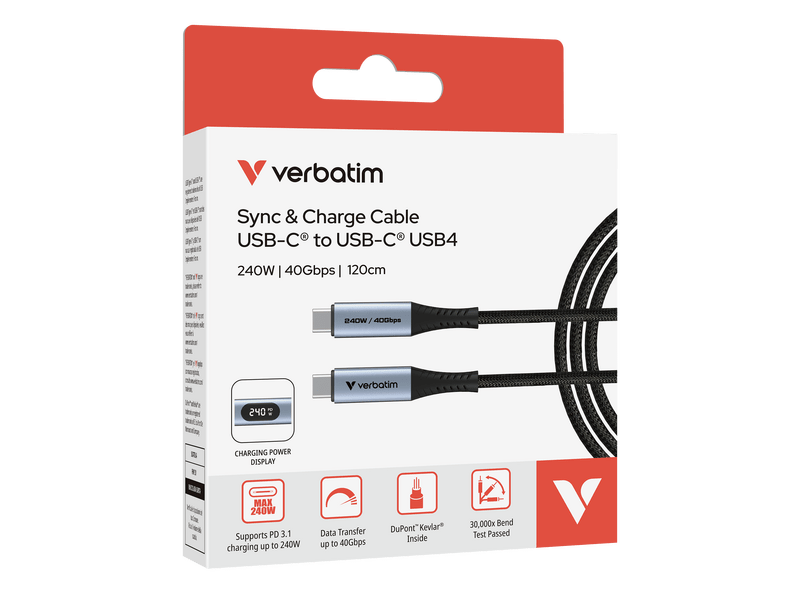 Verbatim Sync & Charge 240W USB-C kabel sa zaslonom, 120 cm (31849)