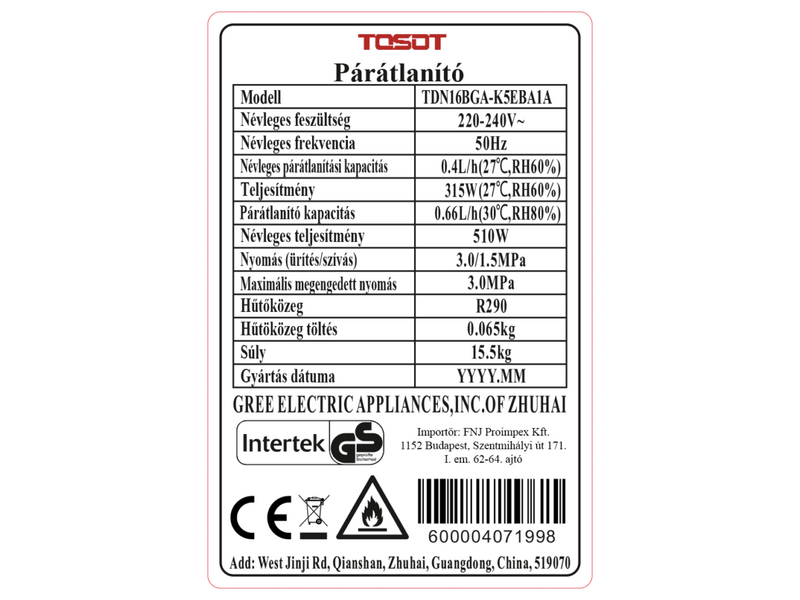 Tosot TDN16BGB-K5EBA1A Aolis Wifis Párátlanító készülék