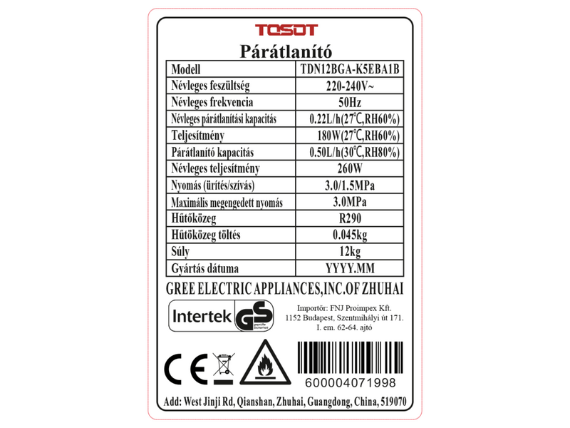 Tosot TDN12BGA-K5EBA1B Aolis Párátlanító készülék