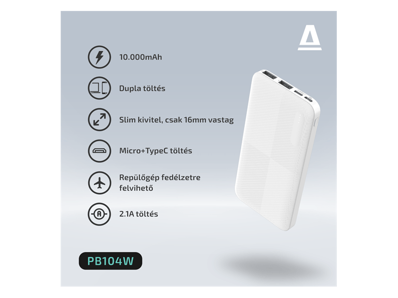 Avax PB104W Lighty 10.000mAh Powerbank, fehér