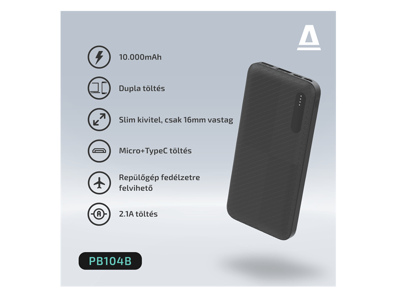 Avax PB104B Lighty 10.000mAh Powerbank, fekete