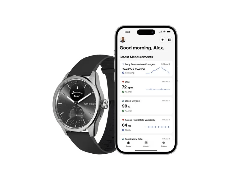 Withings ScanWatch 2 Okosóra, 42 mm, rozsdamentes acél tok, fekete