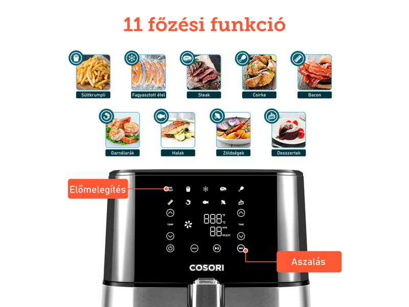 Cosori CP258-AF-DEU Steel Forrólevegős Sütő és Aszalógép
