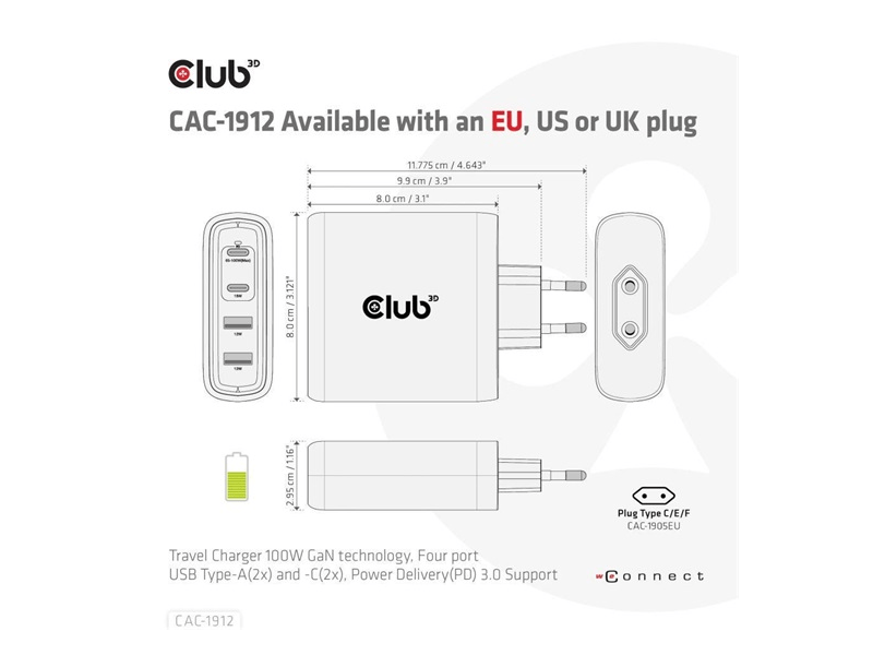 Club 3D CAC-1912EU USB-C 100W Hálózati töltő