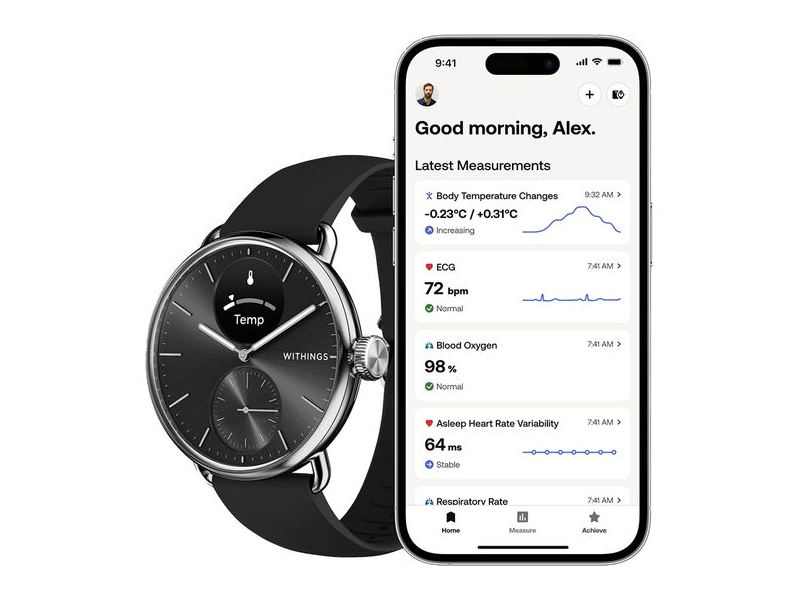 Withings ScanWatch 2 Okosóra, 38 mm, rozsdamentes acél tok, fekete
