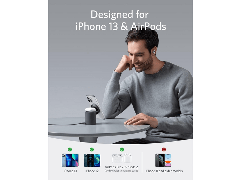 Anker PowerWave Mag-Go 2in1 Vezeték nélküli töltő, kék (B2568331)