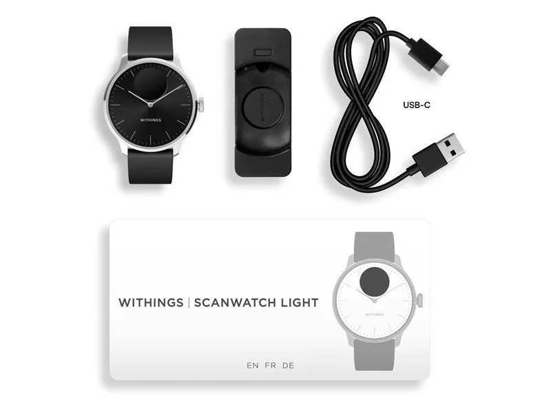 Withings ScanWatch Light Okosóra, 37mm, ezüstszínű tok, fekete szíj