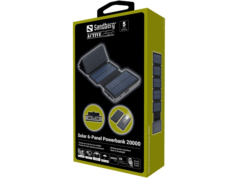 Sandberg Akkubank - Solar 6-Panel Powerbank 20000 (napelemes; kültéri; IPX4 cseppálló; LED lámpa; 2xUSB-A+USB-C)