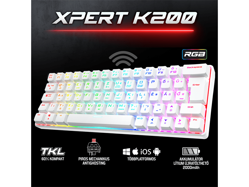 Spirit of Gamer Billentyűzet Mechanikus - XPERT K200 White  (TKL, SOG red, RGB LED,USB, anti-ghosting, fehér, magyar)