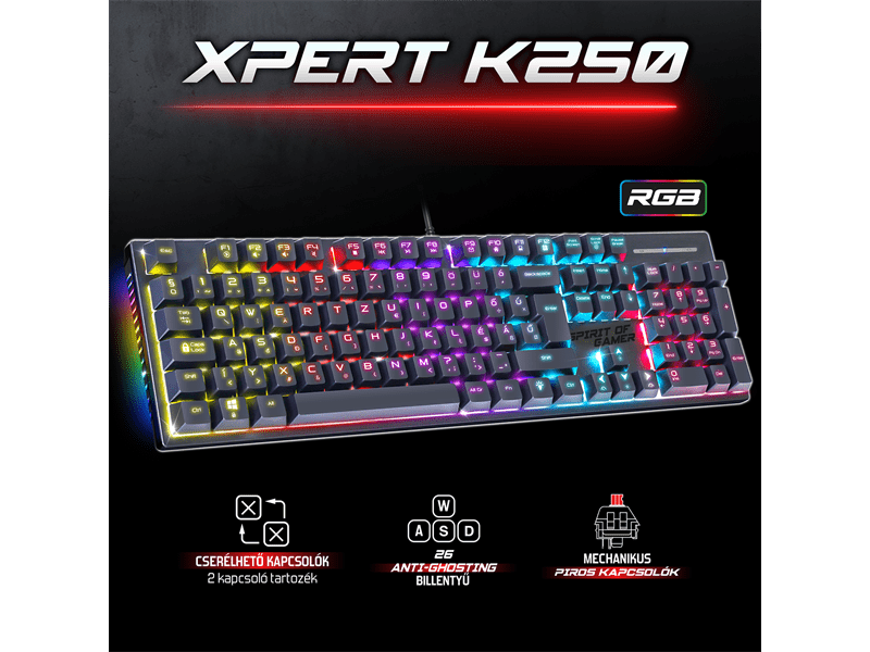 Spirit Of Gamer Xpert K250 Mechanikus billentyűzet, red switch, magyar (CLA-XK250BK)