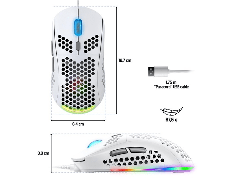 Spirit of Gamer Egér - S-PM4 RGB Arctic (Optikai, 12800DPI, 6 gomb, harisnyázott kábel, fehér)