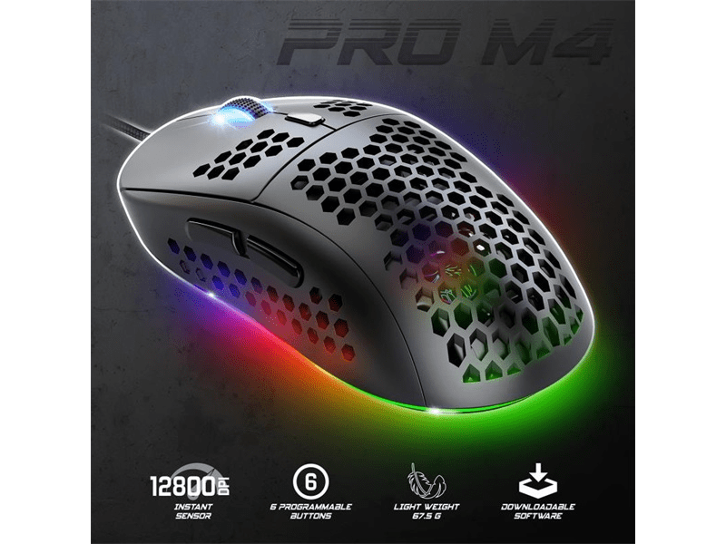 Spirit of Gamer Egér - S-PM4 RGB (Optikai, 12800DPI, 6 gomb, harisnyázott kábel, fekete)