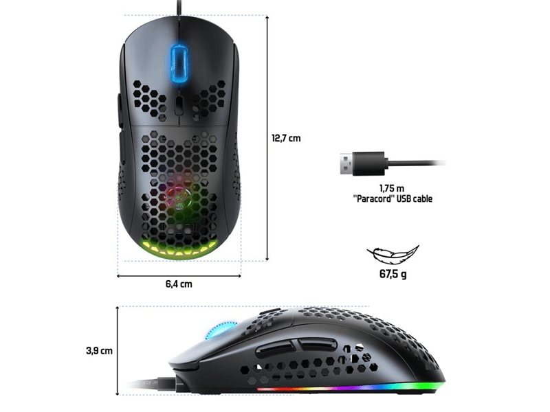 Spirit of Gamer Egér - S-PM4 RGB (Optikai, 12800DPI, 6 gomb, harisnyázott kábel, fekete)