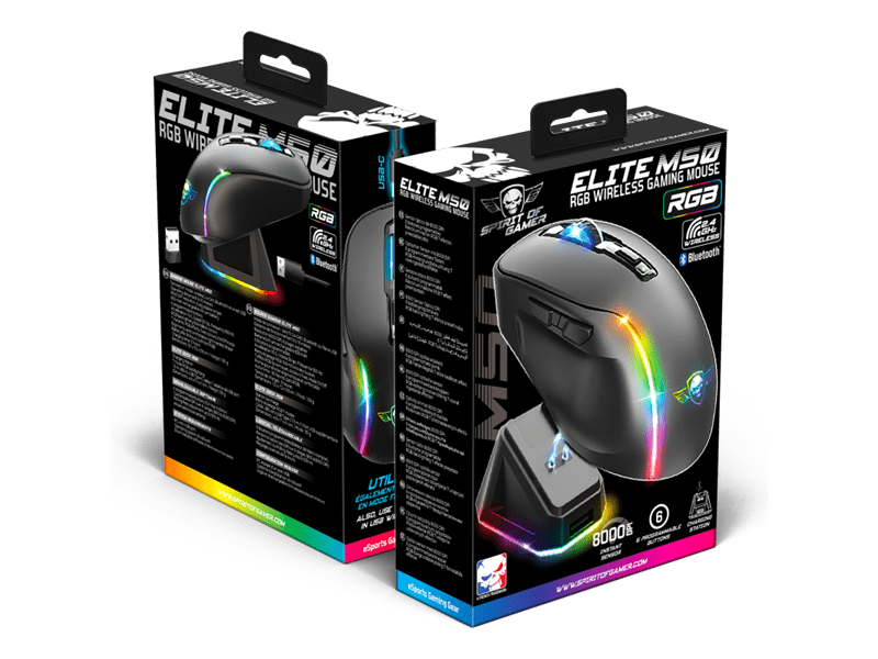 Spirit of Gamer Egér Vezeték nélküli  - ELITE-M50 Black (Optikai, 8000DPI, 1000Hz, 6 programozható gomb, RGB, fekete)