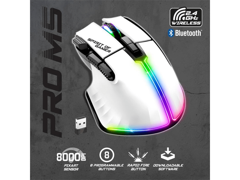 Spirit of Gamer Egér vezeték nélküli - PRO-M5 Arctic Wireless (Optikai, 8000DPI, 8 gomb, fehér)