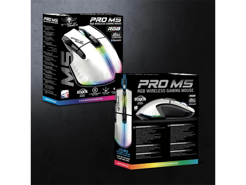 Spirit of Gamer Egér vezeték nélküli - PRO-M5 Arctic Wireless (Optikai, 8000DPI, 8 gomb, fehér)